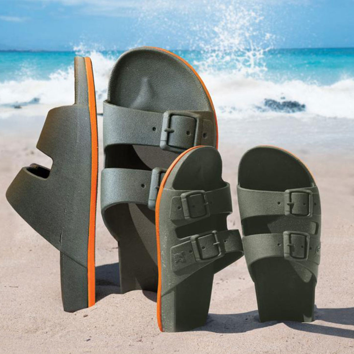 Sandales Cacatoes modèle Brasilia Kaki Orange Fluo : un design audacieux alliant la teinte kaki et des accents orange fluo, parfaites pour un look dynamique et estival.