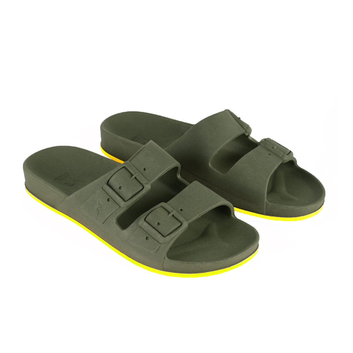 Sandales Cacatoes vue de 3/4 Brasilia Dark Kaki Yellow, confort et style avec une touche de couleur tendance pour un look estival.