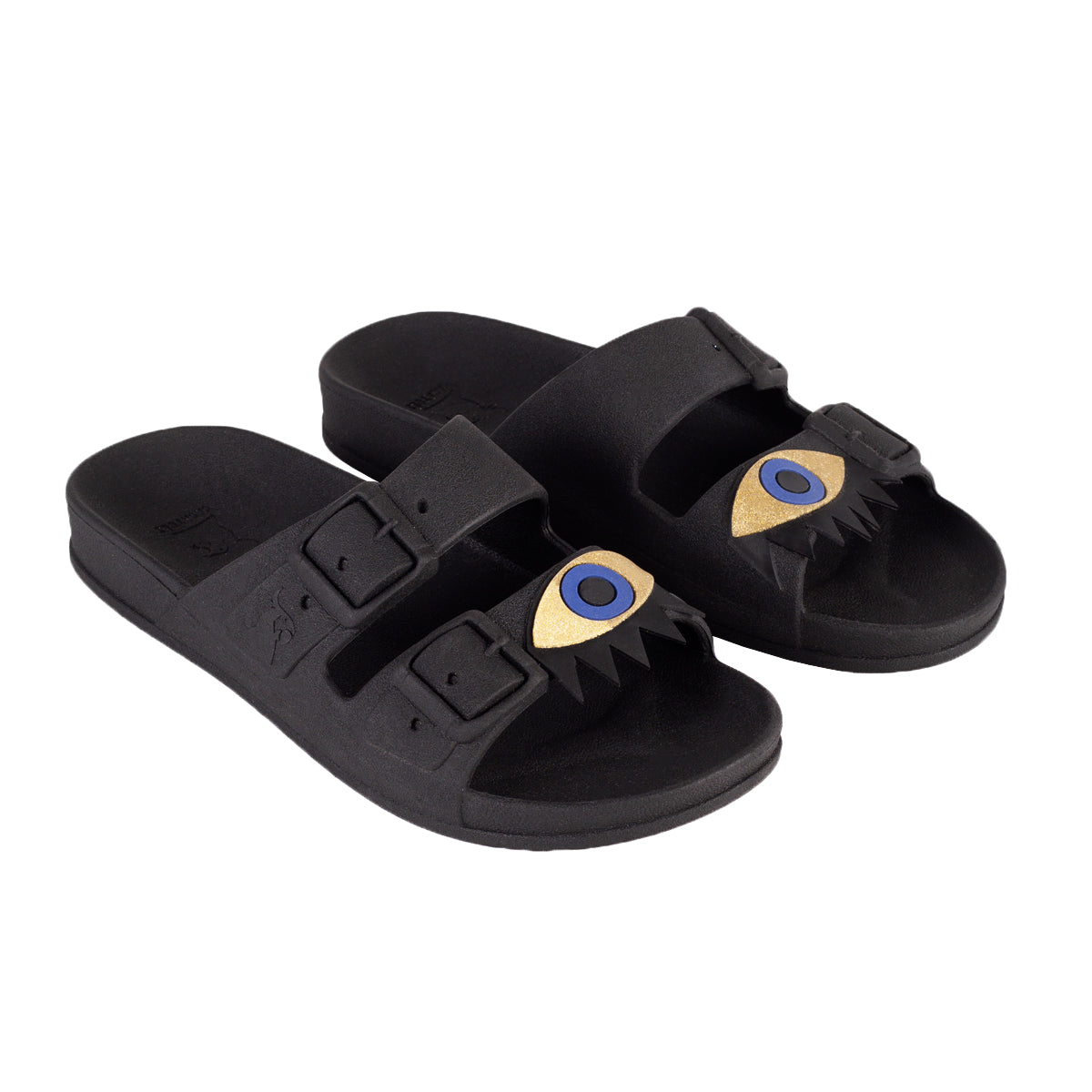 Sandales noires à motif œil avec détails dorés, semelle confortable, modèle Olhos Black Gold, de la marque Cacatoes