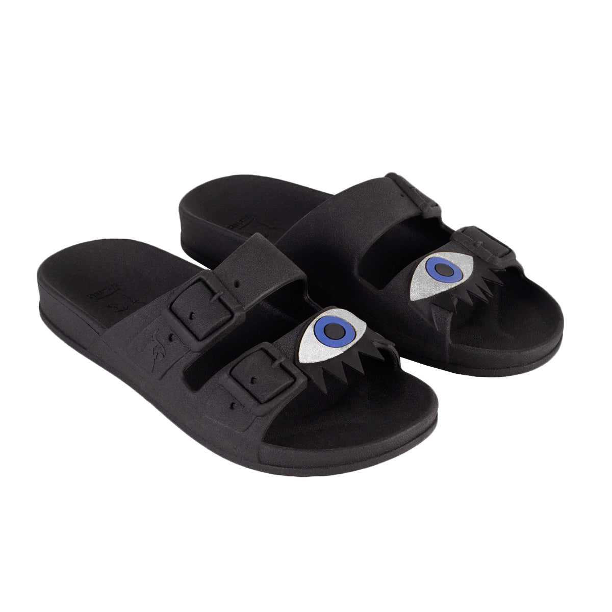 Sandales noires avec motif œil, détails argentés, semelle confortable, modèle Olhos Black Silver, de la marque Cacatoes