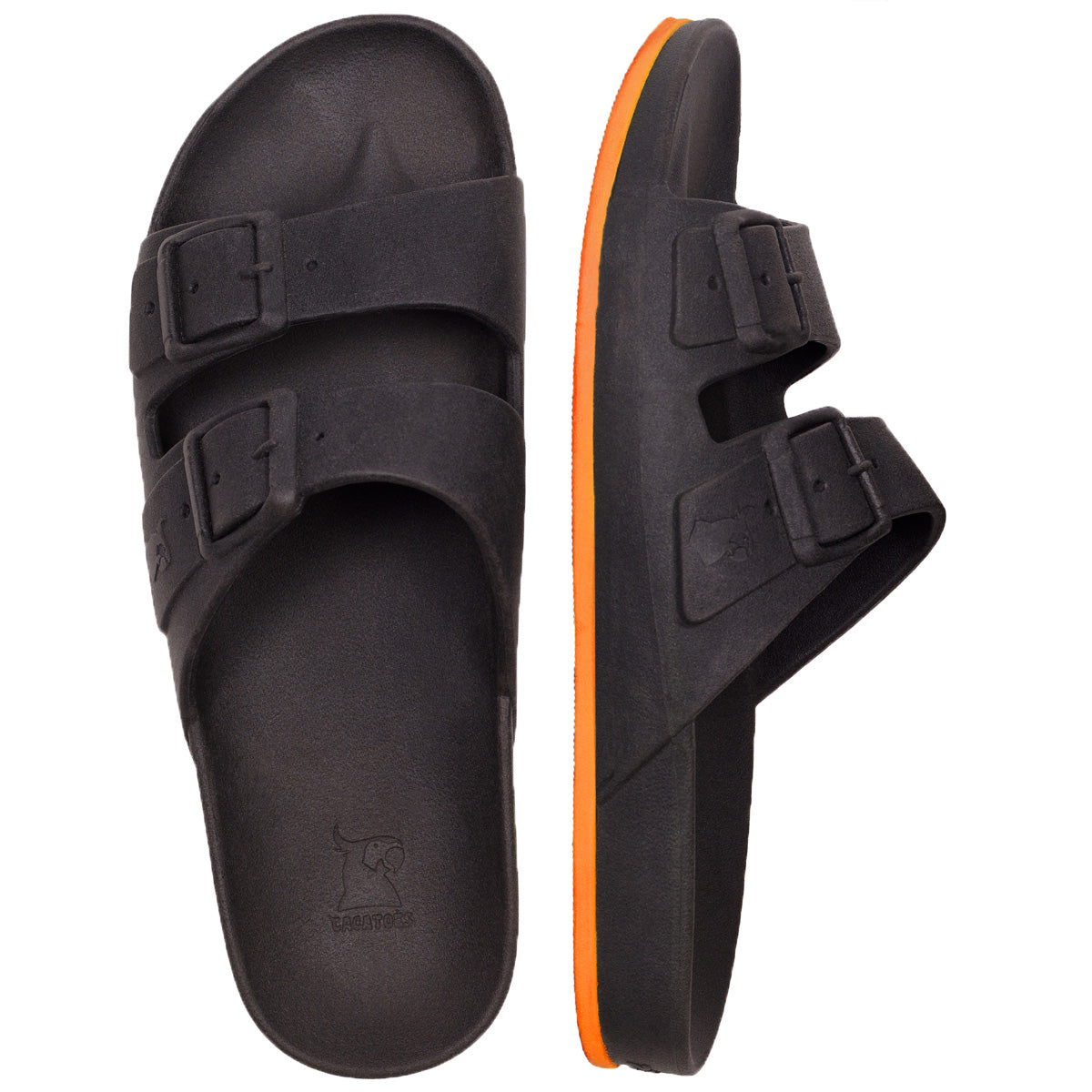 sandales Cacatoes Brasilia noires et oranges : parfaites pour un look fun et plein de peps quand il fait beau ! Elles sont confortables et donnent un style super joyeux à tes pieds