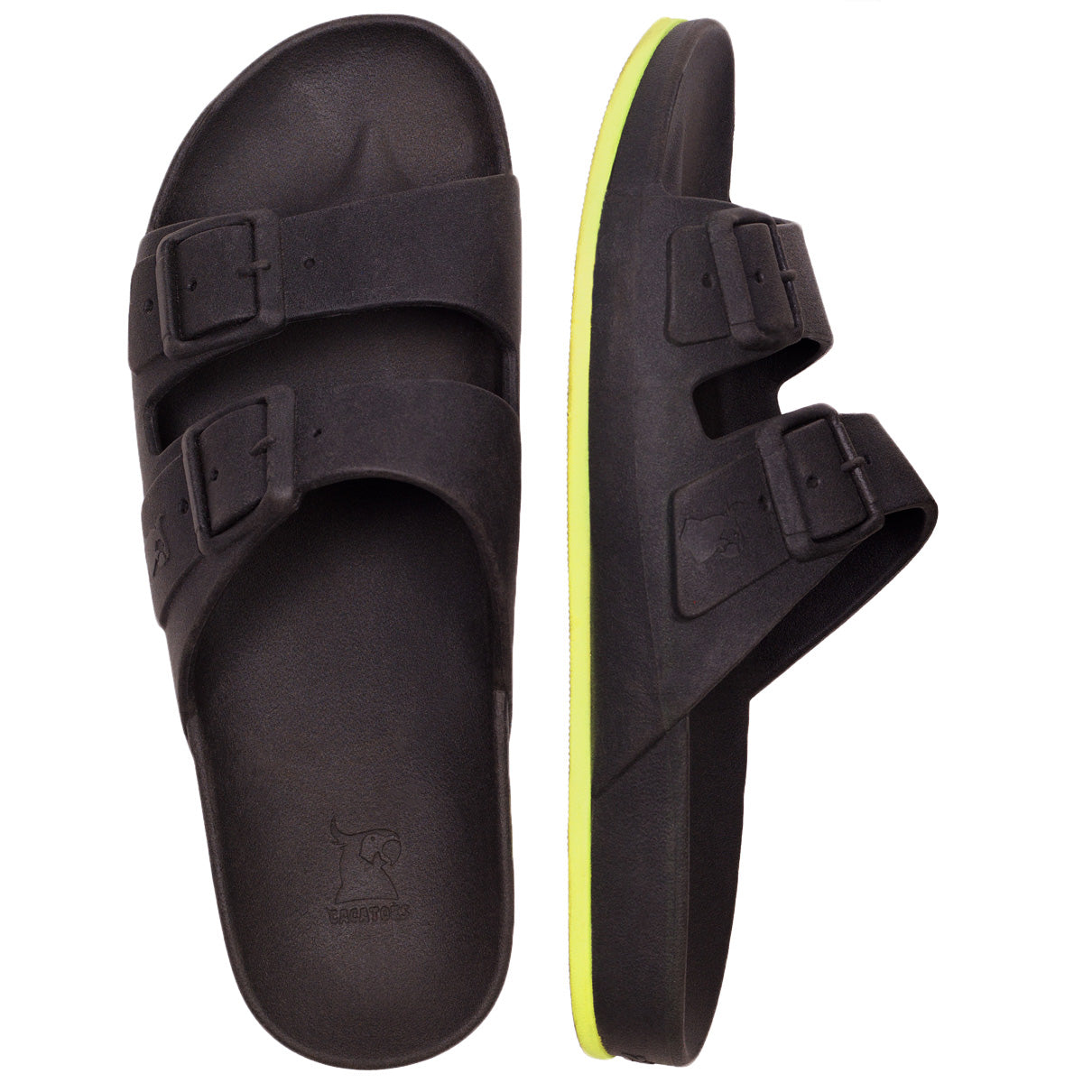sandales Cacatoes Brasilia noires et jaunes : parfaites pour un look fun et plein de soleil quand il fait beau ! Elles sont confortables et donnent un style super joyeux à tes pieds