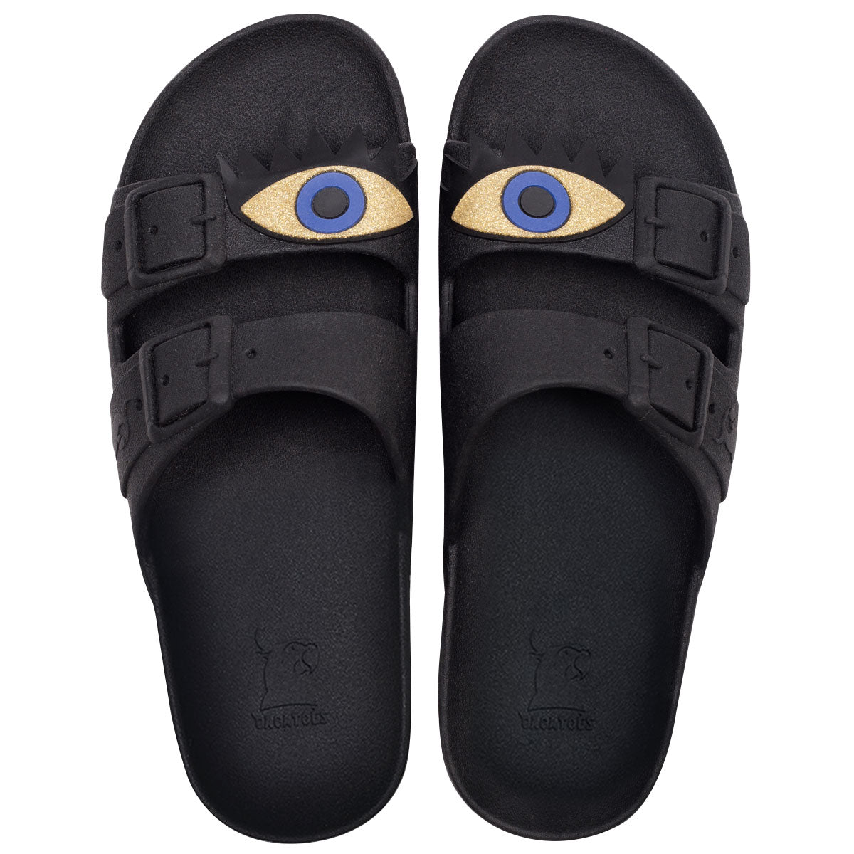 Sandales noires à motif œil avec détails dorés, semelle confortable, modèle Olhos Black Gold, de la marque Cacatoes