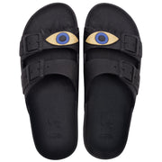 Sandales noires à motif œil avec détails dorés, semelle confortable, modèle Olhos Black Gold, de la marque Cacatoes