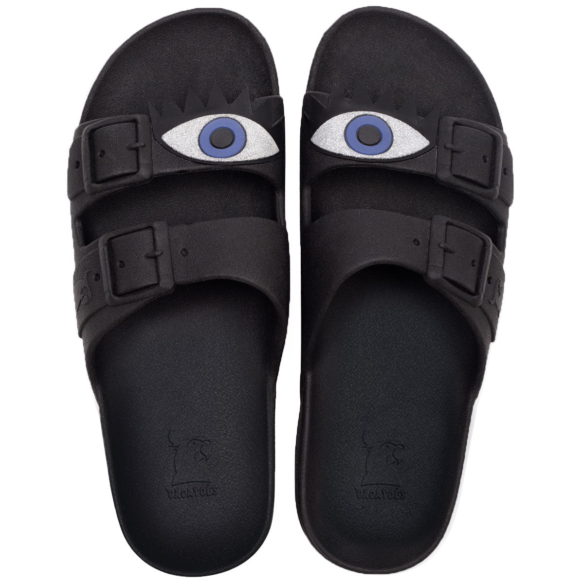 Sandales noires avec motif œil, détails argentés, semelle confortable, modèle Olhos Black Silver, de la marque Cacatoes