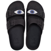 Sandales noires avec motif œil, détails argentés, semelle confortable, modèle Olhos Black Silver, de la marque Cacatoes