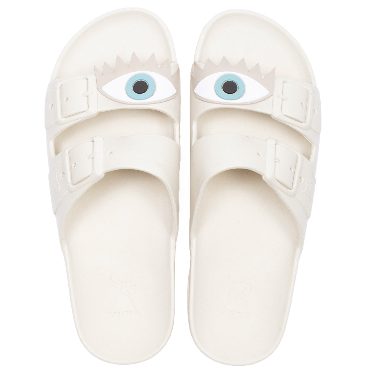 Sandales à motif œil, couleurs craie et turquoise, modèle Face Olhos Craie Turquoise, de la marque Cacatoes