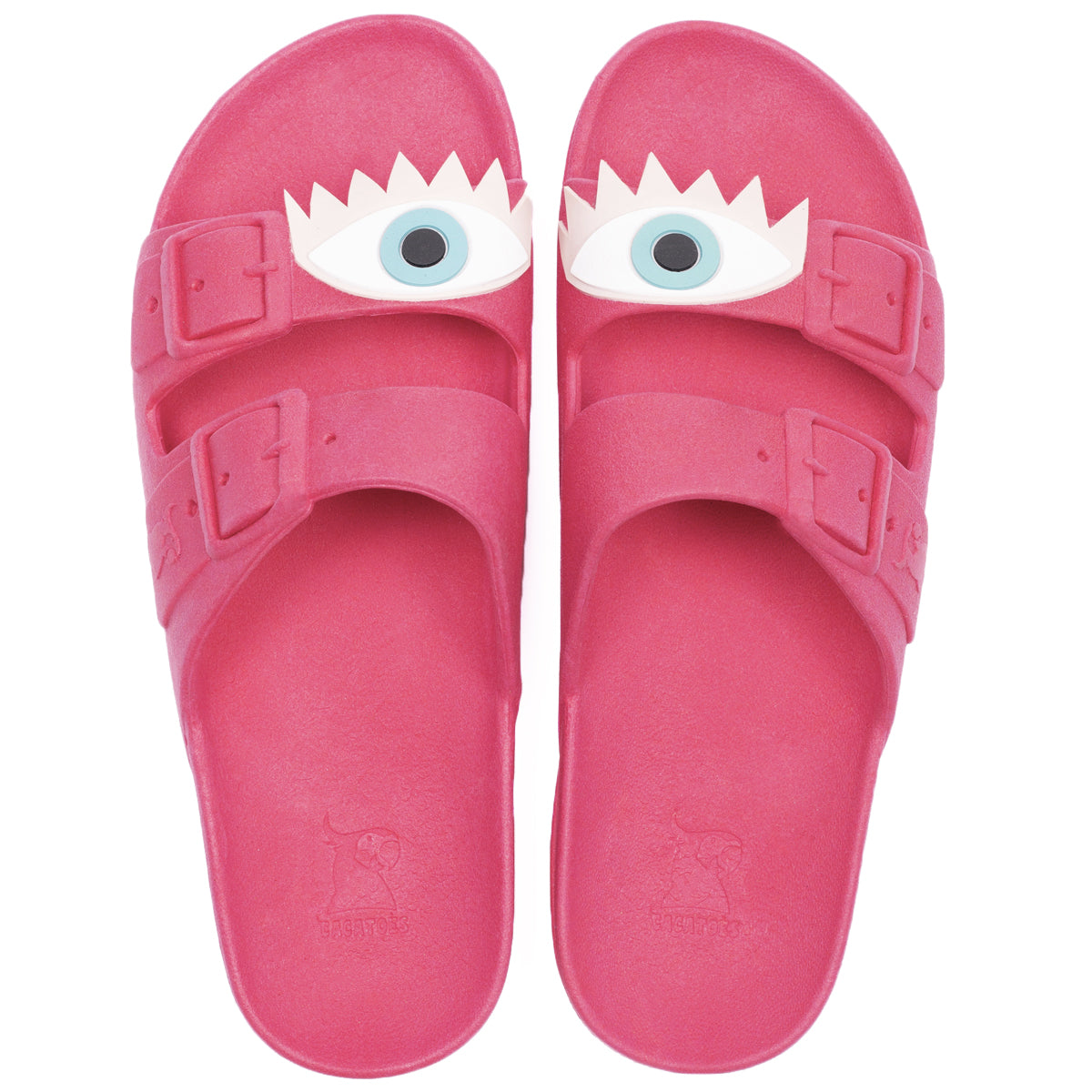 Sandales à motif œil, couleurs framboise et turquoise, modèle Face Olhos Framboise Turquoise, de la marque Cacatoes