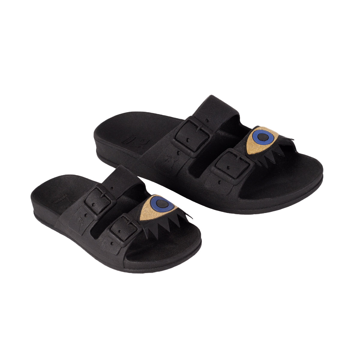 Sandales noires à motif œil avec détails dorés, semelle confortable, modèle Olhos Black Gold, de la marque Cacatoes