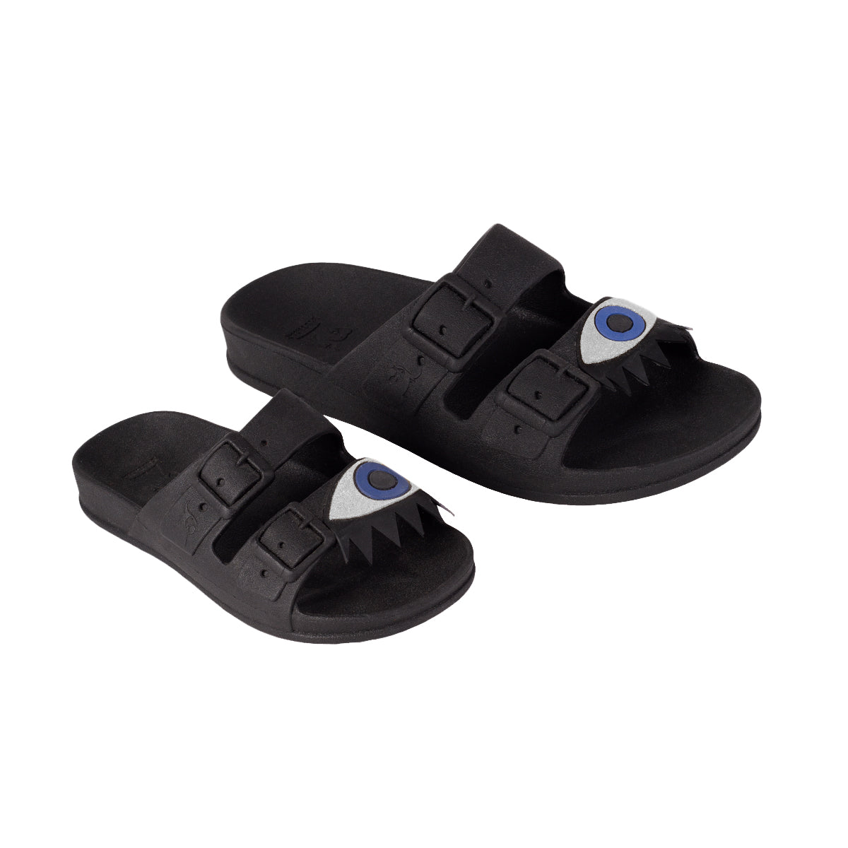 Sandales noires avec motif œil, détails argentés, semelle confortable, modèle Olhos Black Silver, de la marque Cacatoes