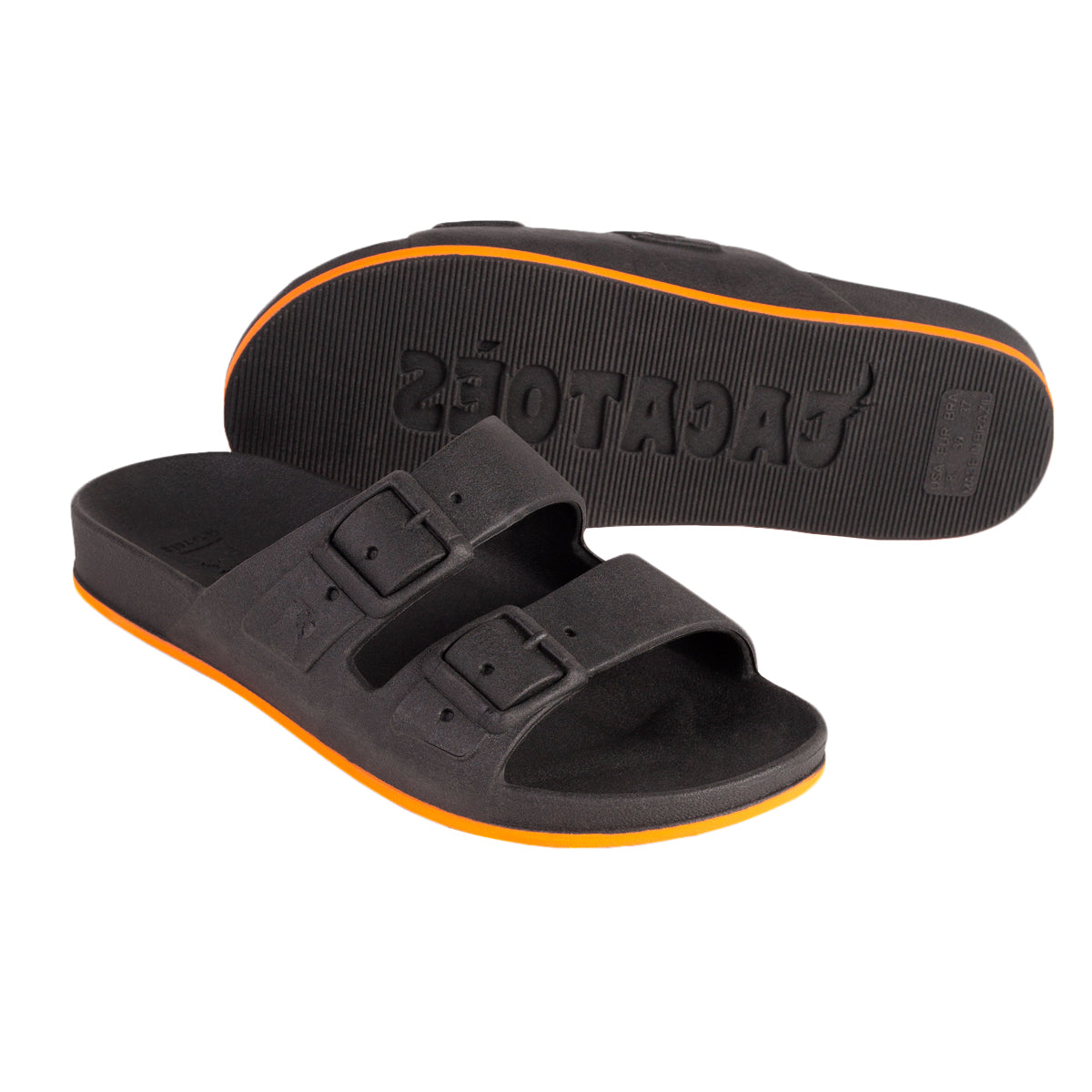 sandales Cacatoes Brasilia noires et oranges : parfaites pour un look fun et plein de peps quand il fait beau ! Elles sont confortables et donnent un style super joyeux à tes pieds
