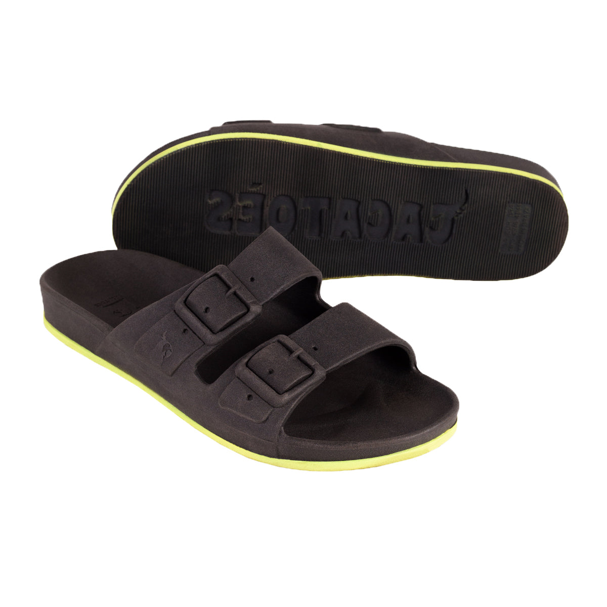 sandales Cacatoes Brasilia noires et jaunes : parfaites pour un look fun et plein de soleil quand il fait beau ! Elles sont confortables et donnent un style super joyeux à tes pieds