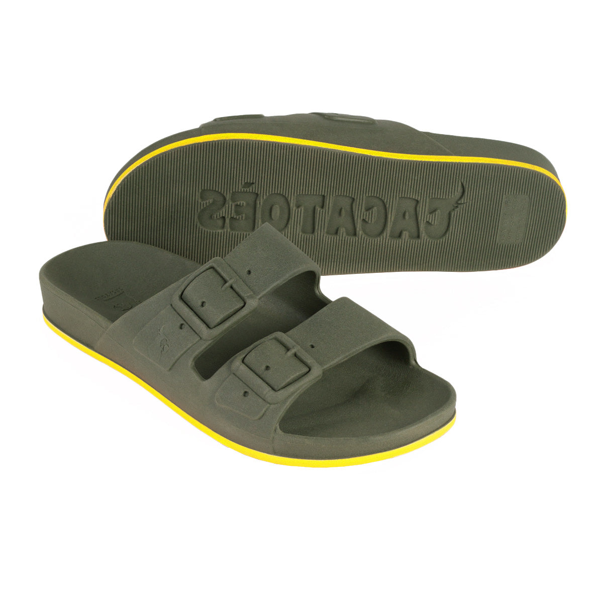 Sandales Cacatoes Brasilia Dark Kaki Yellow avec semelle confortable, offrant un style moderne et une touche de couleur pour un look estival dynamique.
