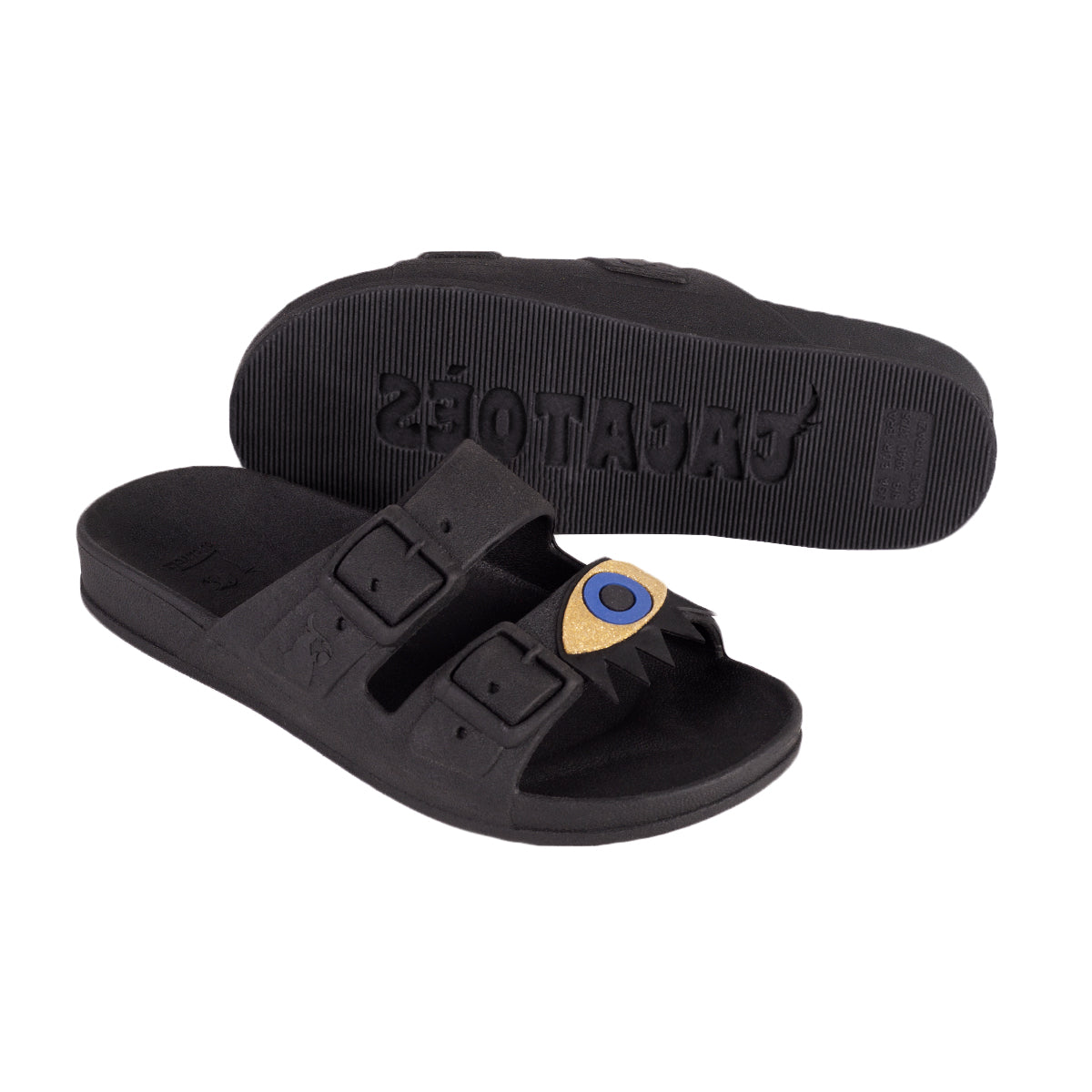 Sandales noires à motif œil avec détails dorés, semelle confortable, modèle Olhos Black Gold, de la marque Cacatoes