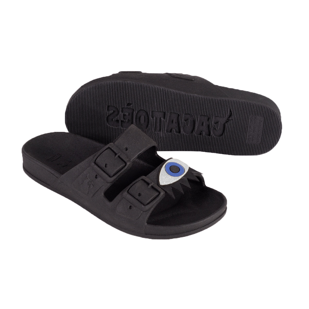 Sandales noires avec motif œil, détails argentés, semelle confortable, modèle Olhos Black Silver, de la marque Cacatoes