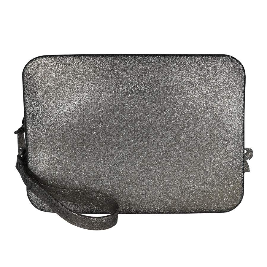 Sac Clutch Cacatoès Gisela en glitter noir, élégant et scintillant, parfait pour soirées et événements spéciaux.