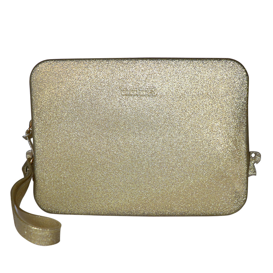 Sac Clutch Cacatoès Gisela en glitter or, raffiné et brillant, idéal pour soirées élégantes et événements spéciaux.