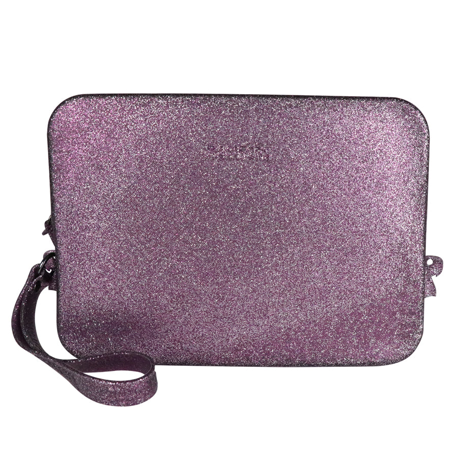 Sac Clutch Cacatoès Gisela en glitter parme, élégant et scintillant, parfait pour soirées et événements spéciaux.