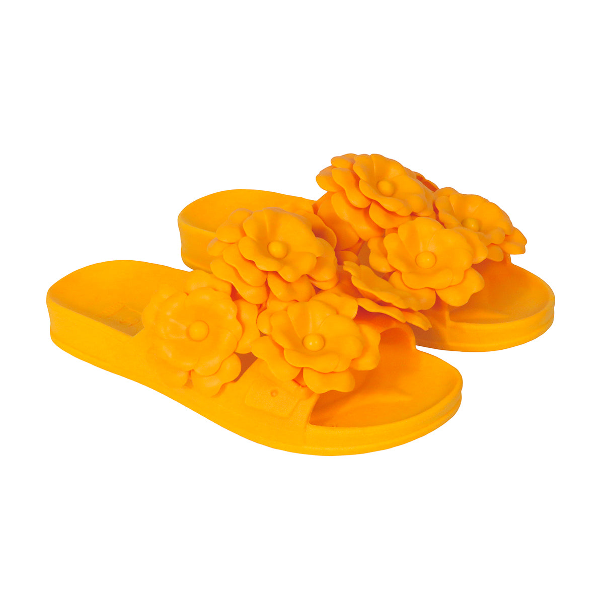 Sandales Cacatoès Camélia Tournesol, vue à 3/4, style estival lumineux, parfaites pour un look frais et coloré