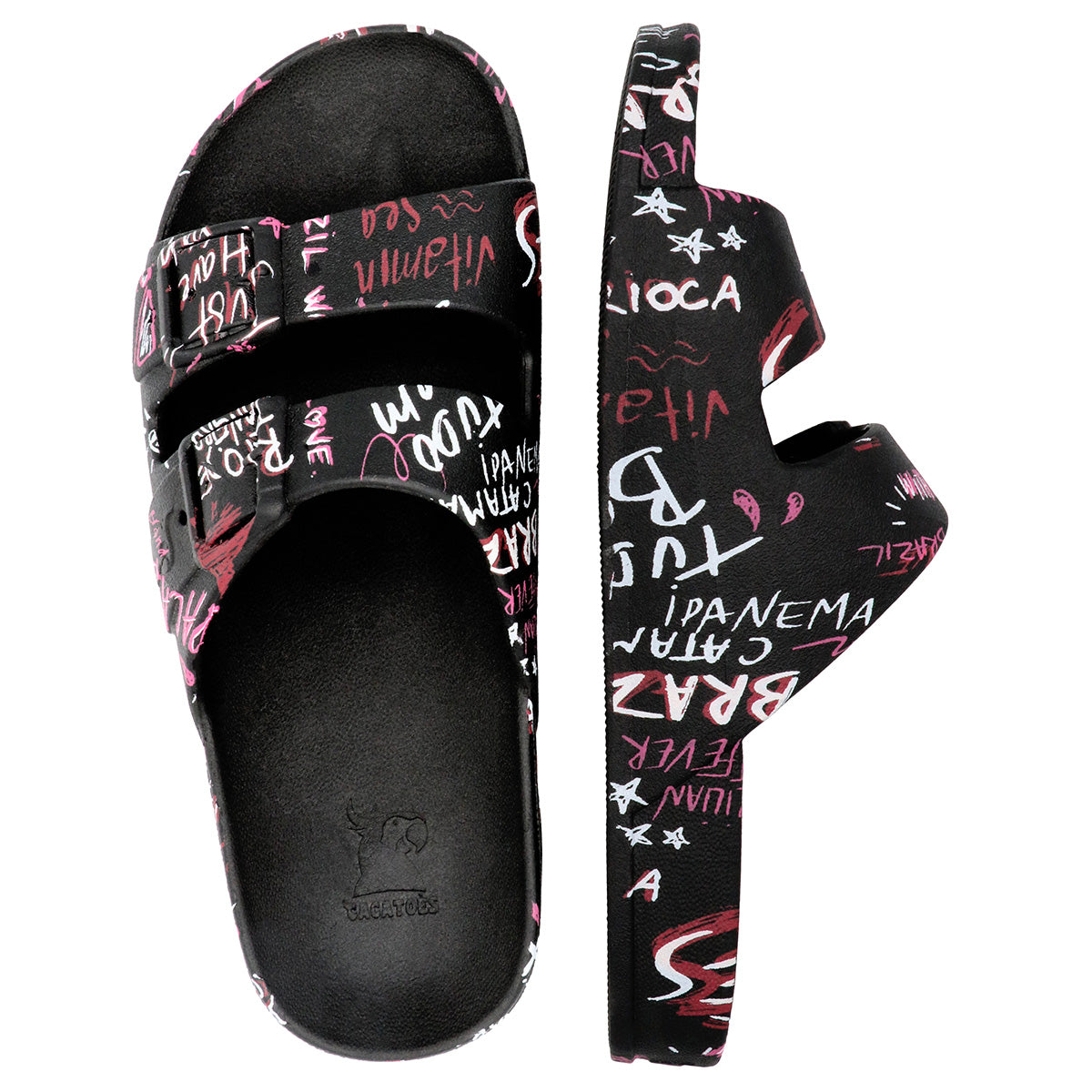 Sandales à motif graffiti, couleur rose, vue de côté, de la marque Cacatoes