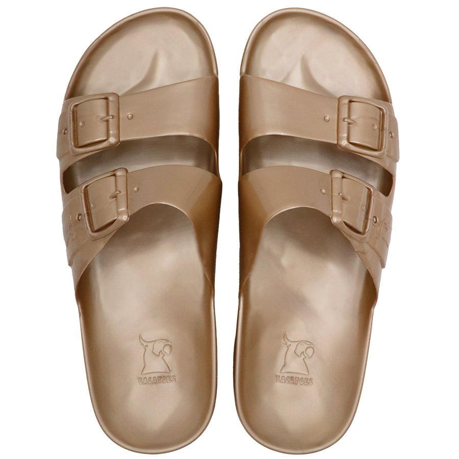 Sandales métalliques cuivre, modèle Anjo, vue de face, de la marque Cacatoes