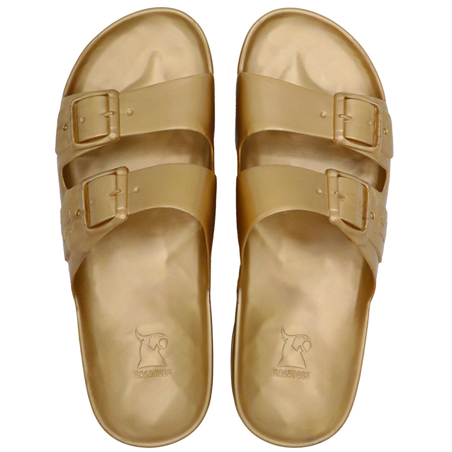 Sandales métalliques dorées, modèle Anjo, vue de face, de la marque Cacatoes