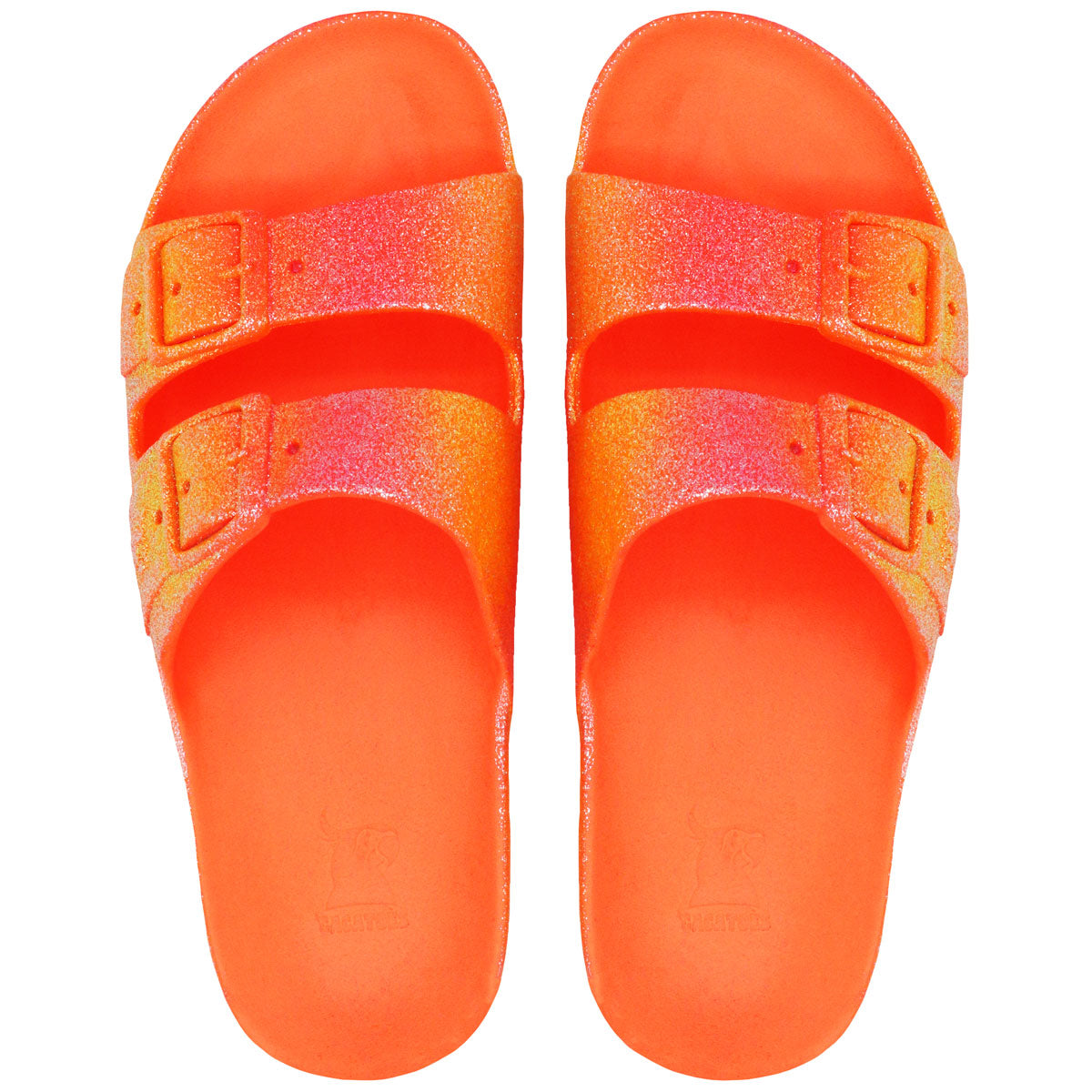 Sandales orange fluo, modèle Sereia, vue de face, de la marque Cacatoes