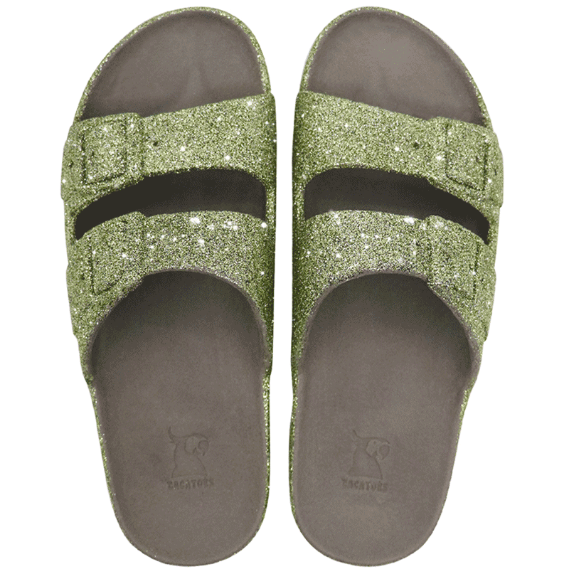 Trancoso Dark Kaki Glitter – Sandales Cacatoès en couleur kaki foncé avec paillettes, parfaites pour un look élégant et scintillant.
