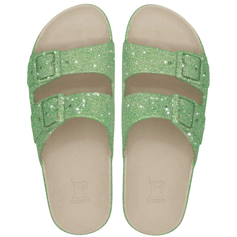 Trancoso Pistachio Glitter – Sandales Cacatoès glitter vert pistache, tendance et scintillantes, parfaites pour un look frais et original.