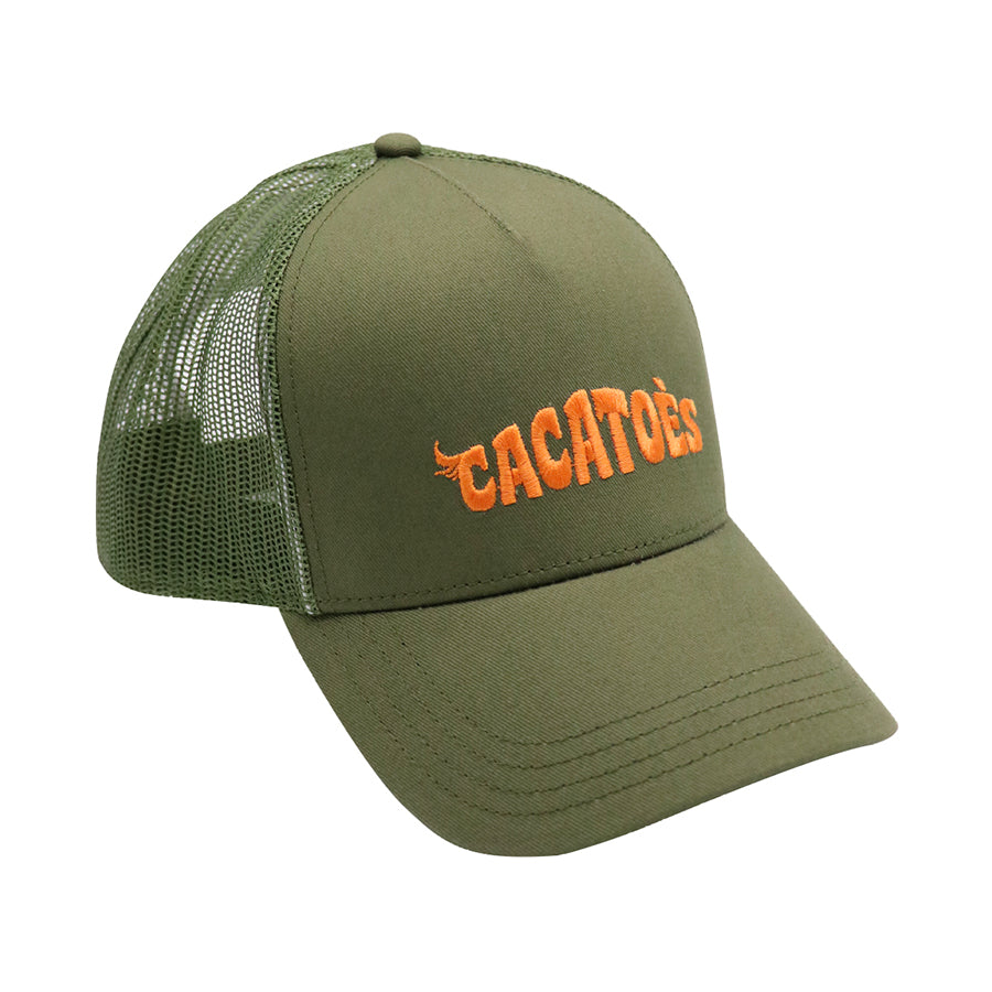 Casquette Cacottes modèle Capoeira Brasilia Dark Kaki Orange Fluo : un design sportif et dynamique avec des accents de kaki et orange fluo, parfait pour un look estival audacieux et tendance.