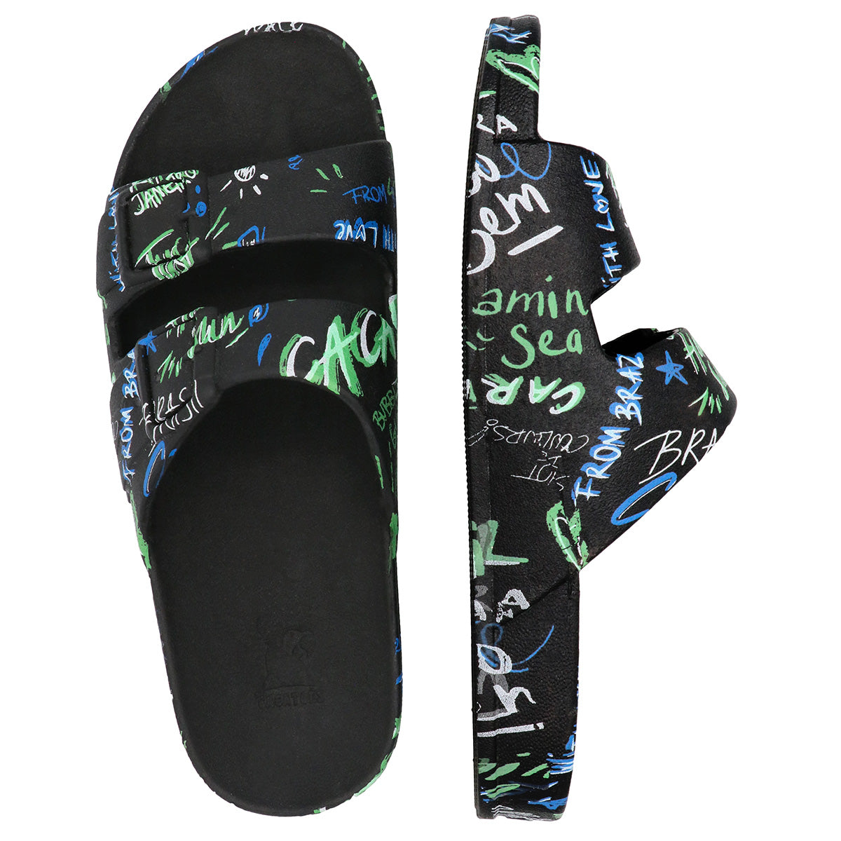 Sandales à motif graffiti, couleur verte, vue de côté, de la marque Cacatoes